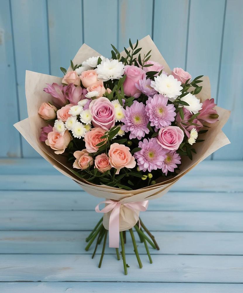 Букет цветов из: Хризантемы, Розы и Альстромерии в Нагорном
