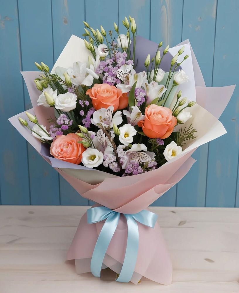 Букет цветов из: Лизиантусы, Розы, Альстромерии и Гипсофила в Нагорном