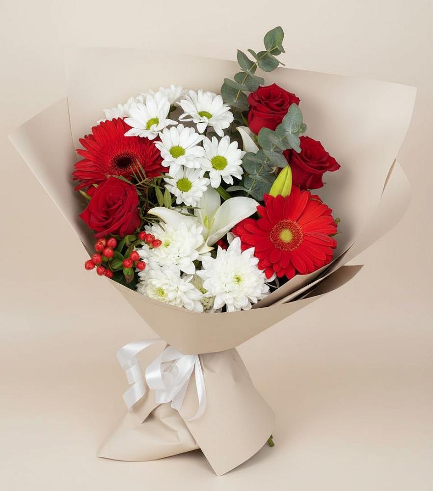 Букет цветов из: Розы, Хризантемы, Герберы и Лилии в Нагорном