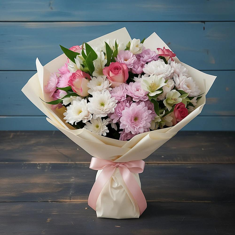 Букет цветов из: Хризантемы, Альстромерии и Розы в Нагорном